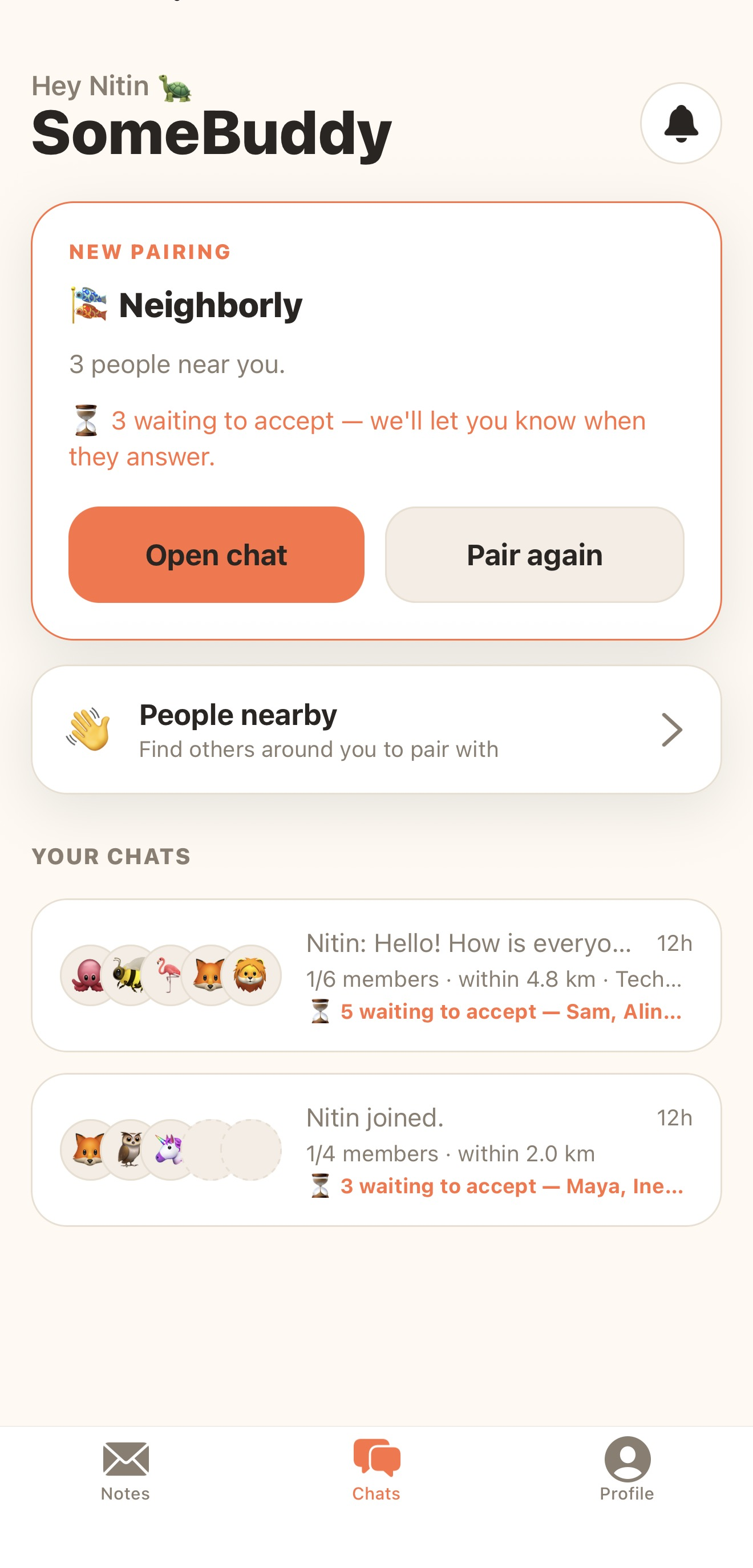 The SomeBuddy app showing a group chat