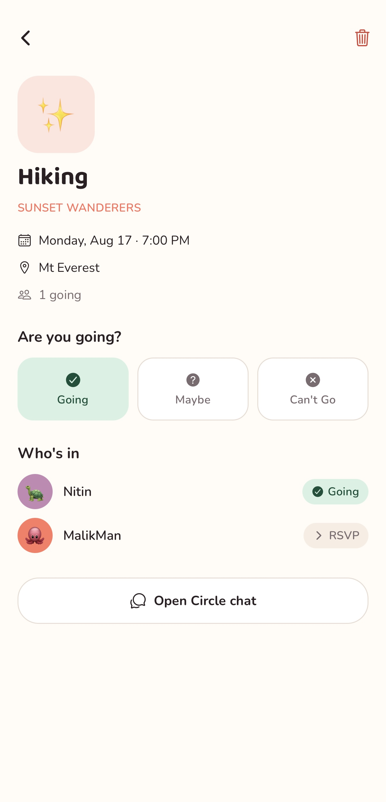 Planning a real hangout inside a SomeBuddy circle